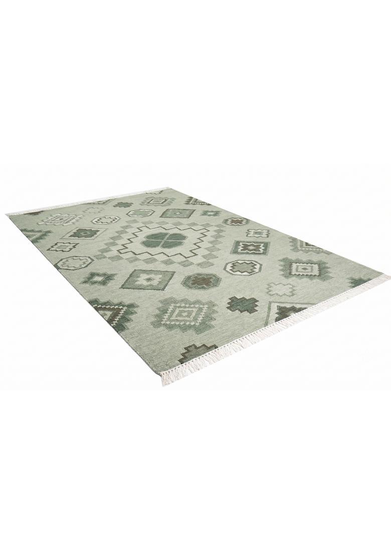 Saffron Rugs Flat Woven Sage Green  Bohemian Rectangular Wool Area Rug - Indya