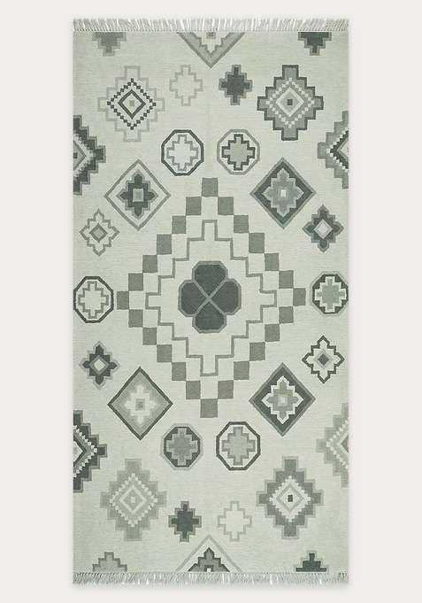 100% Wool Handmade Sage Green Rug | Bohemian Aztecs Flat Weave Reversible Carpet For Living Room
