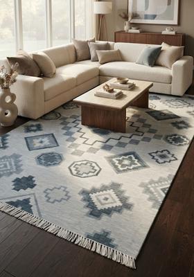 Saffron Rugs Flat Woven Light Blue  Bohemian Rectangular Wool Area Rug