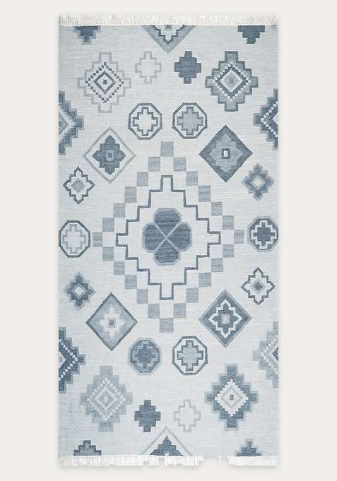 100% Wool Handmade Light Blue Rug | Bohemian Aztecs Flat Weave Reversible Carpet For Living Room