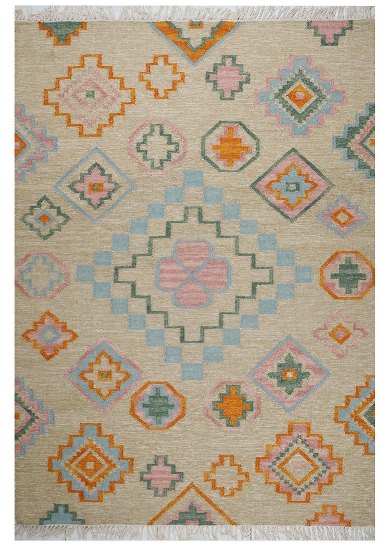 Saffron Rugs Flat Woven Beige  Bohemian Rectangular Wool Area Rug - Indya