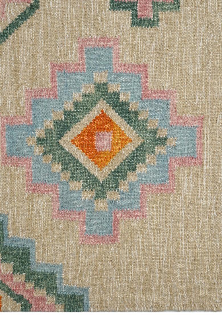Saffron Rugs Flat Woven Beige  Bohemian Rectangular Wool Area Rug - Indya