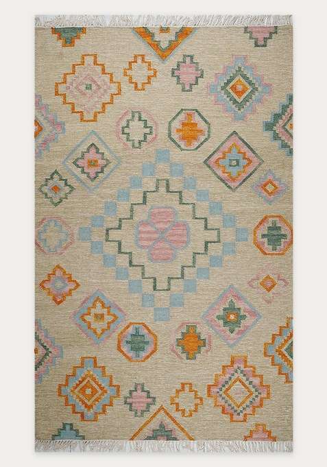 100% Wool Handmade Beige Rug | Bohemian Aztecs Flat Weave Reversible Carpet For Living Room
