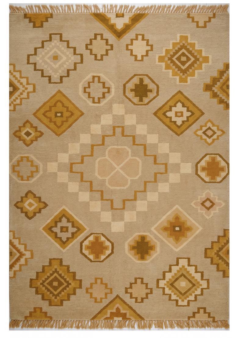 Saffron Rugs Flat Woven Mustard Beige  Bohemian Rectangular Wool Area Rug - Indya