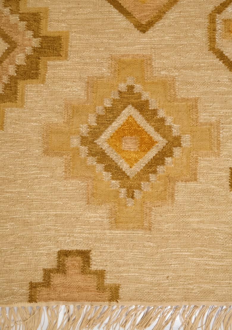 Saffron Rugs Flat Woven Mustard Beige  Bohemian Rectangular Wool Area Rug - Indya