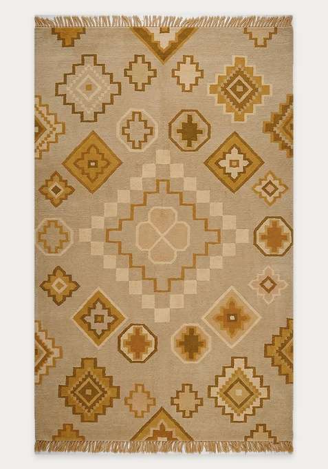 100% Wool Handmade Mustard Beige Rug | Bohemian Aztecs Flat Weave Reversible Carpet For Living Room