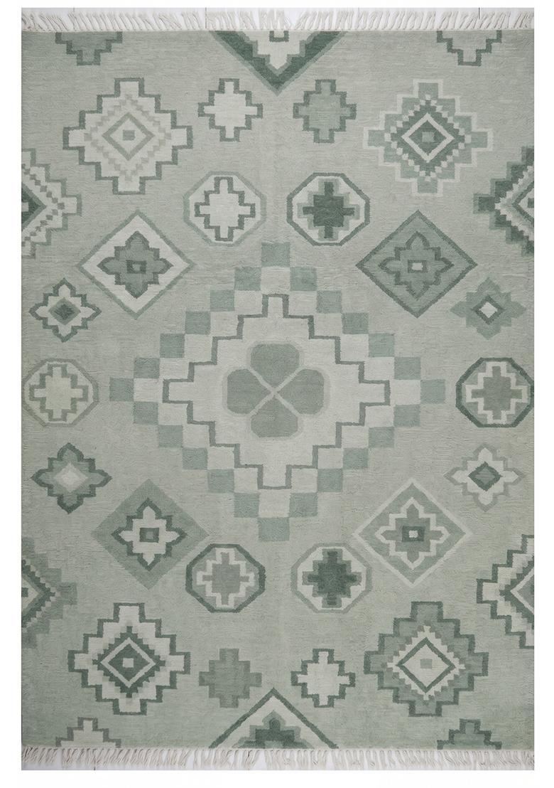 Saffron Rugs Flat Woven Sage Green  Bohemian Rectangular Wool Area Rug - Indya