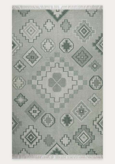 100% Wool Handmade Sage Green Rug | Bohemian Aztecs Flat Weave Reversible Carpet For Living Room