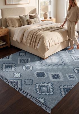 Saffron Rugs Flat Woven Blue Grey  Bohemian Rectangular Wool Area Rug