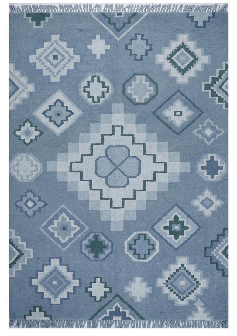 Saffron Rugs Flat Woven Blue Grey  Bohemian Rectangular Wool Area Rug - Indya