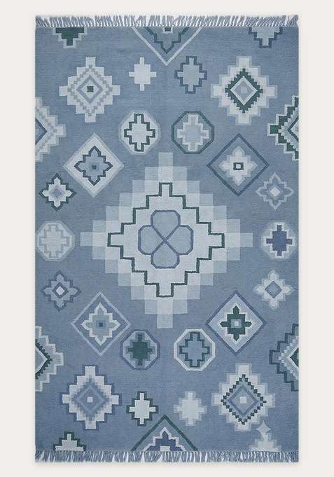 100% Wool Handmade Blue Grey Rug | Bohemian Aztecs Flat Weave Reversible Carpet For Living Room
