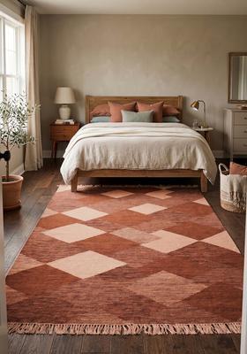 Saffron Rugs Flat Woven Terracotta Rust  Bohemian Rectangular Wool Area Rug