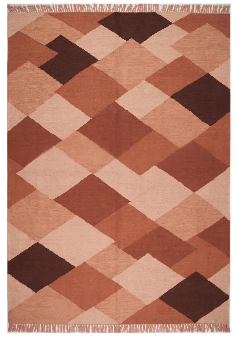 Saffron Rugs Flat Woven Terracotta Rust  Bohemian Rectangular Wool Area Rug - Indya