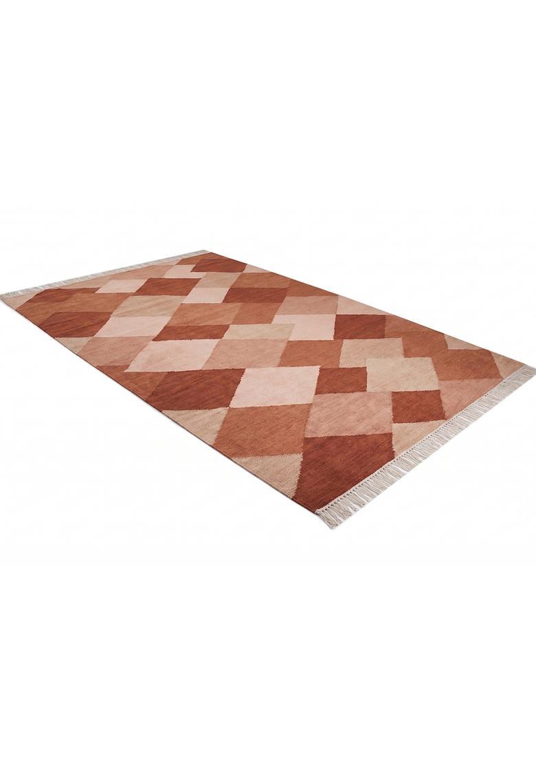 Saffron Rugs Flat Woven Terracotta Rust  Bohemian Rectangular Wool Area Rug - Indya
