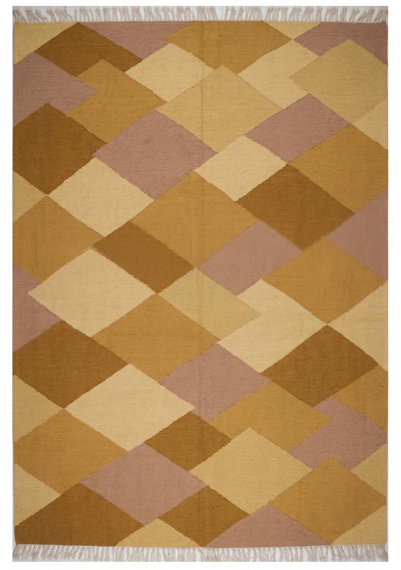 Saffron Rugs Flat Woven Mustard Yellow  Bohemian Rectangular Wool Area Rug - Indya