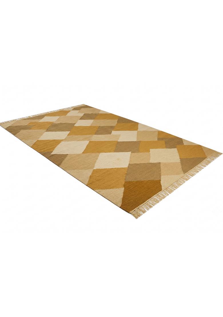Saffron Rugs Flat Woven Mustard Yellow  Bohemian Rectangular Wool Area Rug - Indya