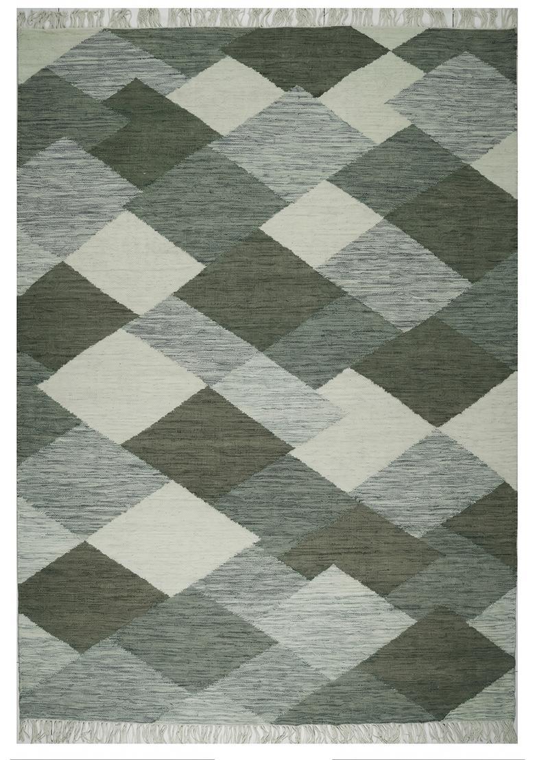 Saffron Rugs Flat Woven Sage Green  Bohemian Rectangular Wool Area Rug - Indya