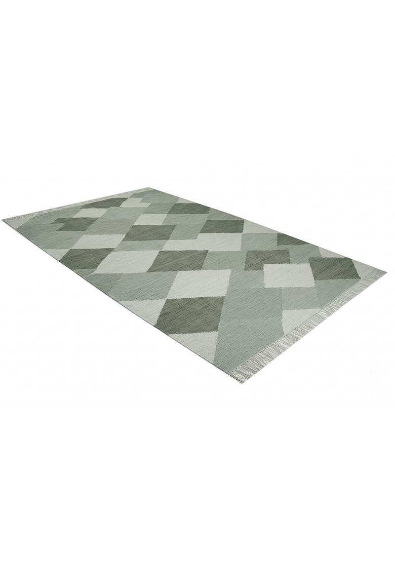 Saffron Rugs Flat Woven Sage Green  Bohemian Rectangular Wool Area Rug - Indya