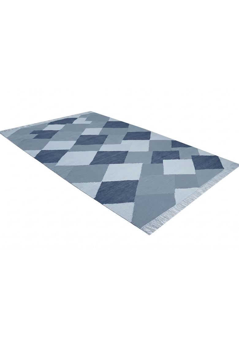 Saffron Rugs Flat Woven Blue  Bohemian Rectangular Wool Area Rug - Indya