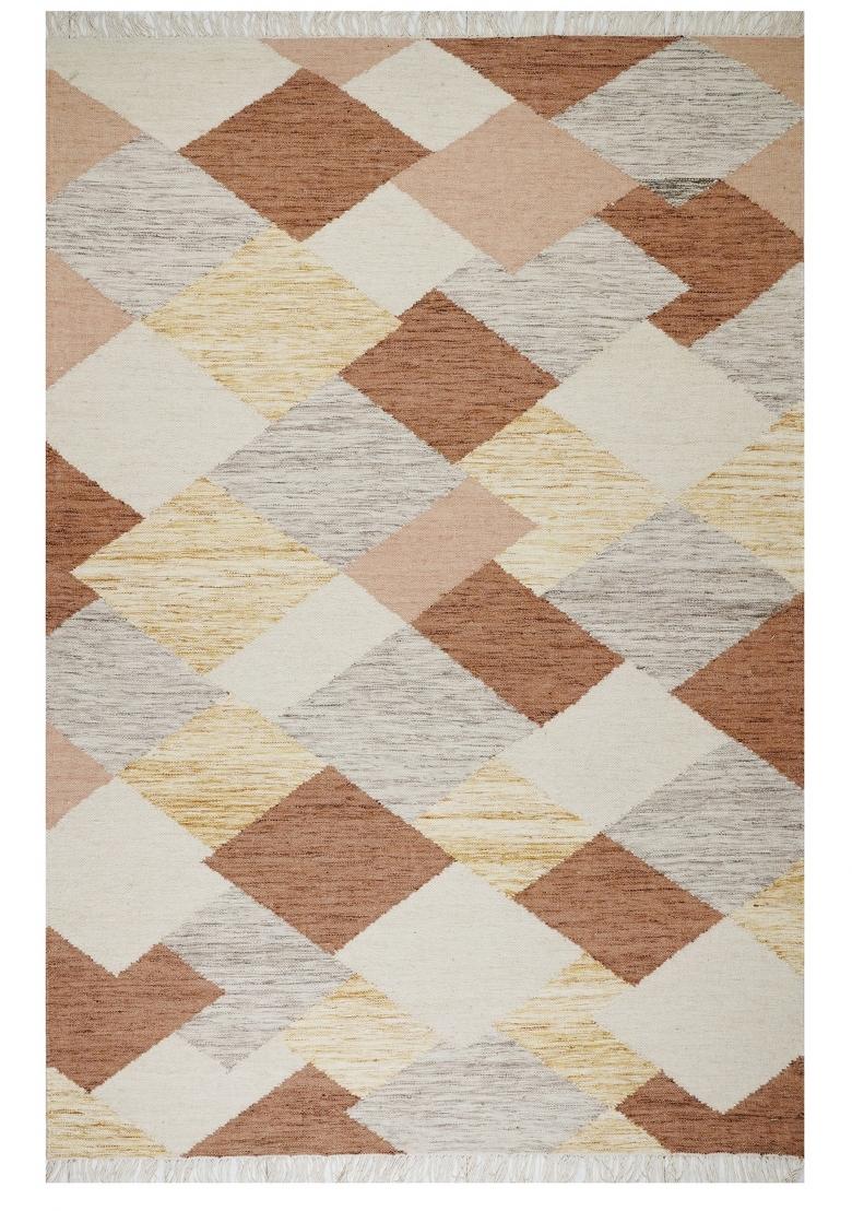 Saffron Rugs Flat Woven Terracotta Multicolor Geometric Bohemian Rectangular Wool Area Rug - Indya