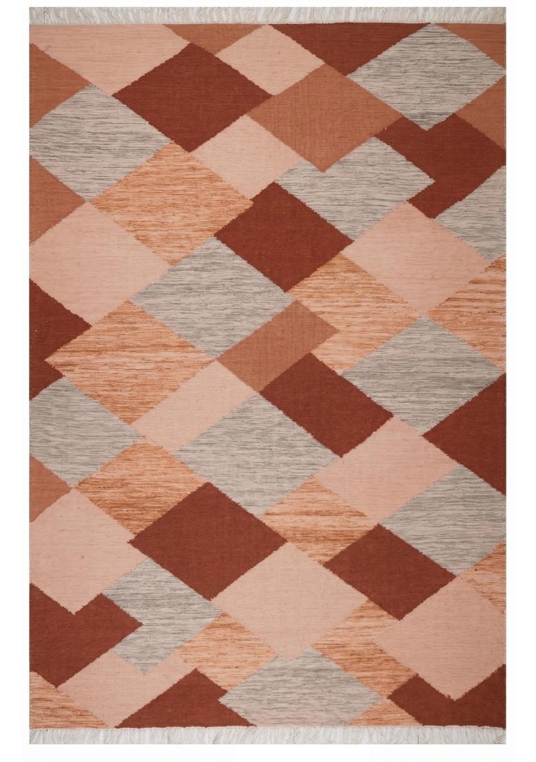Saffron Rugs Flat Woven Terracotta Coral Geometric Bohemian Rectangular Wool Area Rug - Indya