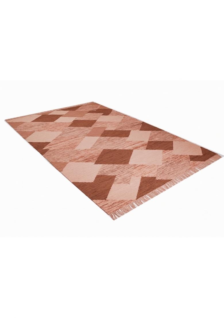 Saffron Rugs Flat Woven Terracotta Coral Geometric Bohemian Rectangular Wool Area Rug - Indya