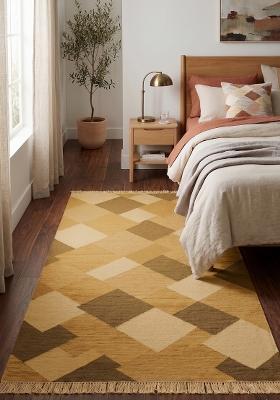 Saffron Rugs Flat Woven Golden Tan Geometric Bohemian Rectangular Wool Area Rug