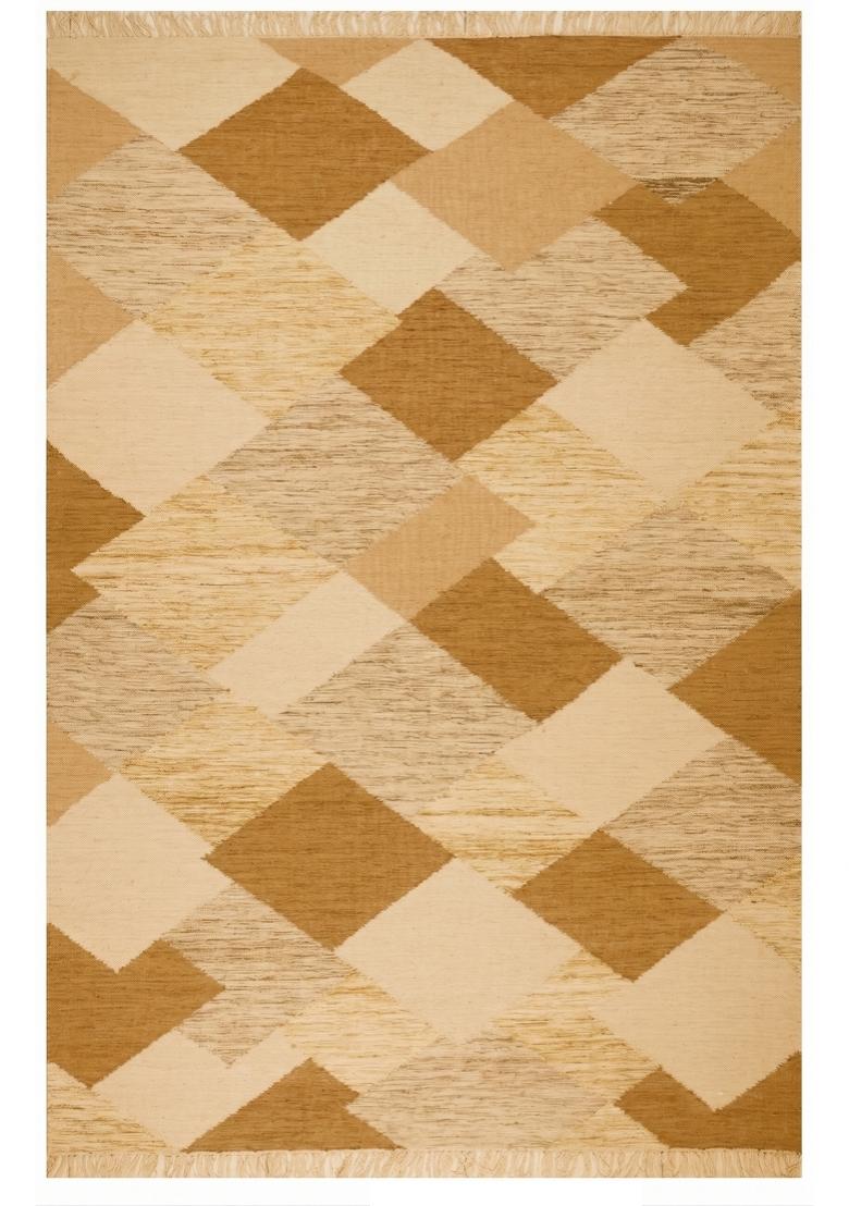 Saffron Rugs Flat Woven Golden Tan Geometric Bohemian Rectangular Wool Area Rug - Indya