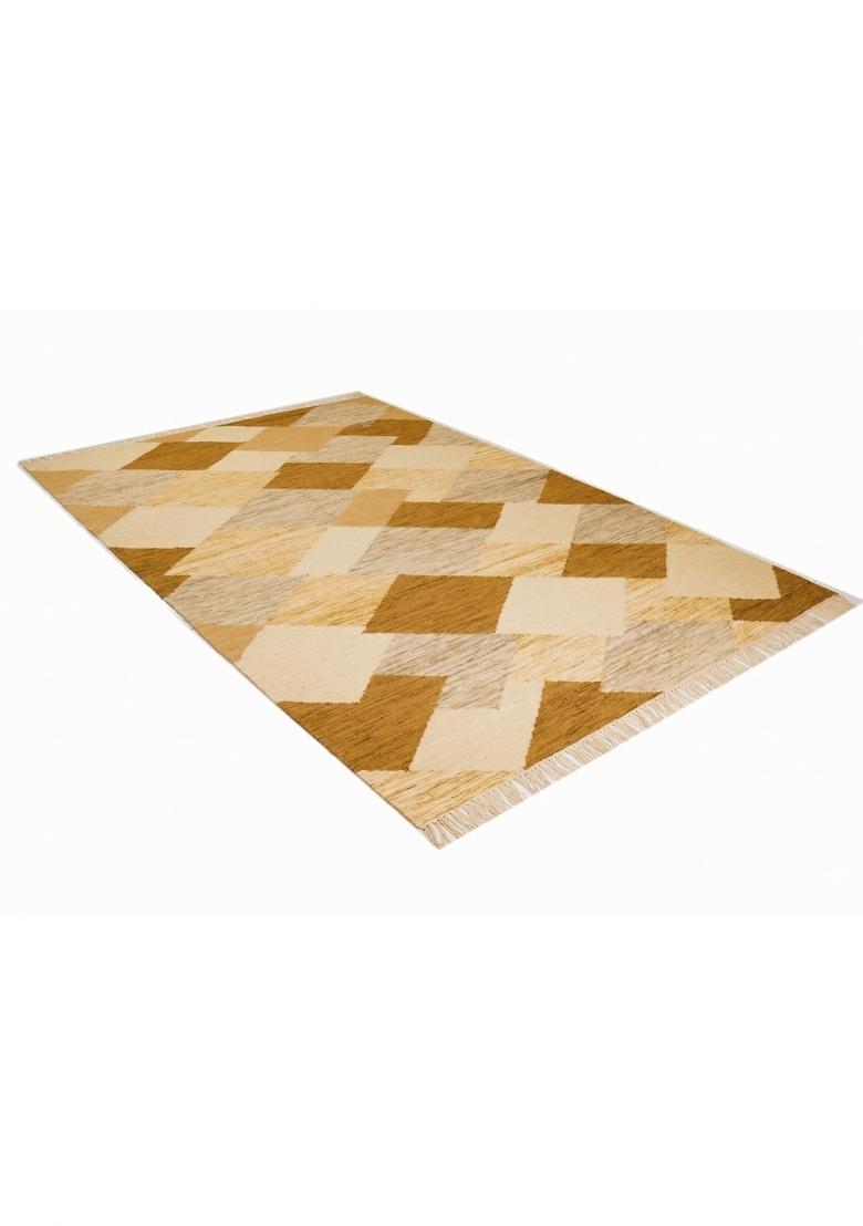 Saffron Rugs Flat Woven Golden Tan Geometric Bohemian Rectangular Wool Area Rug - Indya