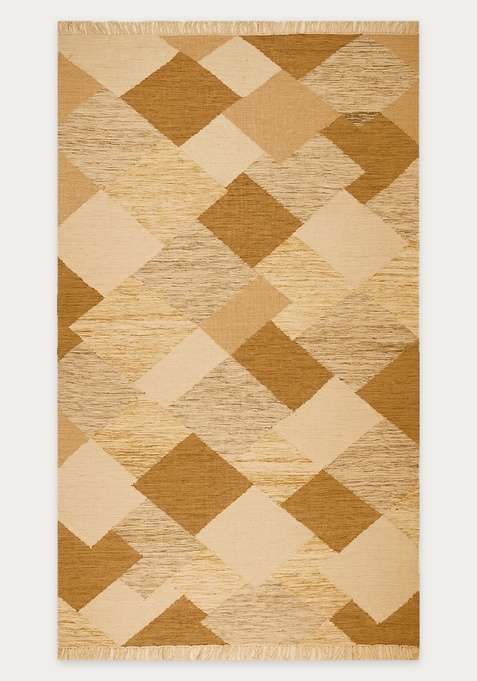 100% Wool Handmade Golden Tan Rug | Bohemian Geometric Flat Weave Reversible Carpet For Living Room