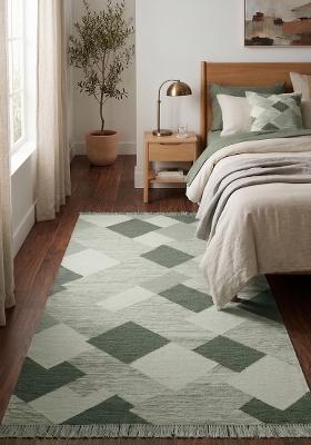 Saffron Rugs Flat Woven Sage Green Geometric Bohemian Rectangular Wool Area Rug