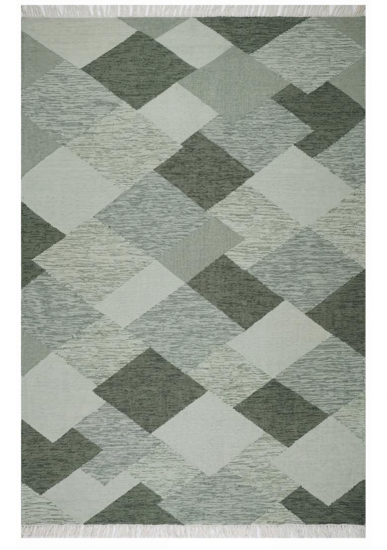 Saffron Rugs Flat Woven Sage Green Geometric Bohemian Rectangular Wool Area Rug - Indya