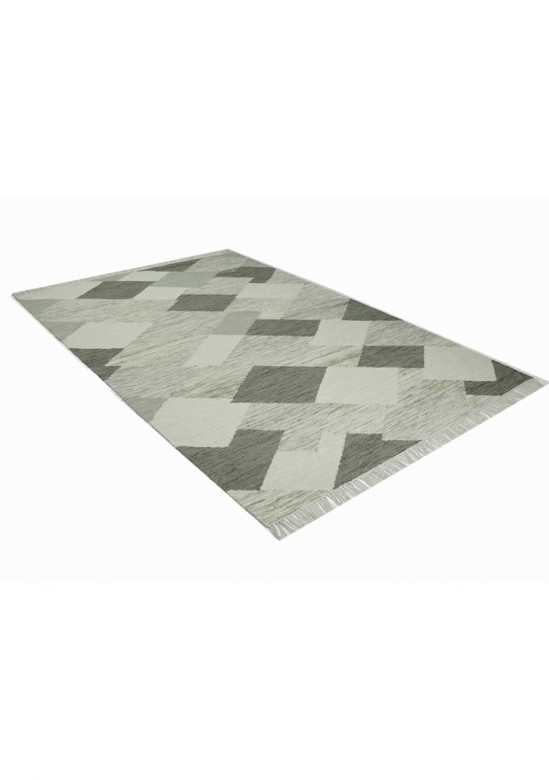 Saffron Rugs Flat Woven Sage Green Geometric Bohemian Rectangular Wool Area Rug - Indya