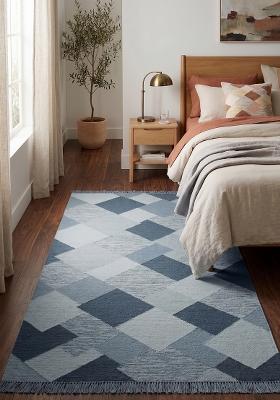 Saffron Rugs Flat Woven Blue Grey Geometric Bohemian Rectangular Wool Area Rug