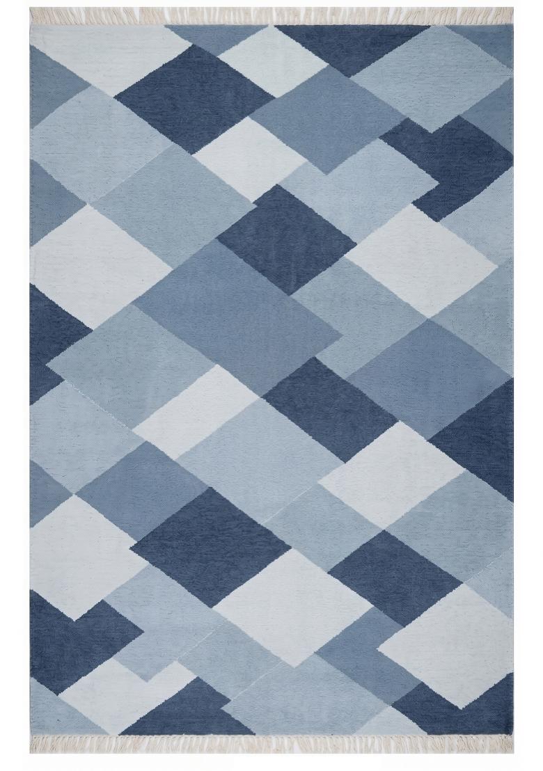 Saffron Rugs Flat Woven Blue Grey Geometric Bohemian Rectangular Wool Area Rug - Indya