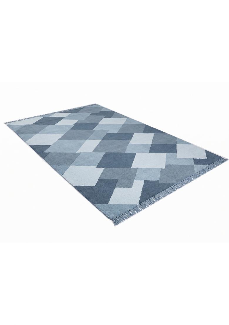 Saffron Rugs Flat Woven Blue Grey Geometric Bohemian Rectangular Wool Area Rug - Indya