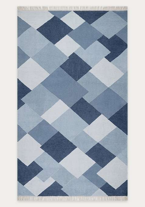 100% Wool Handmade Blue Grey Rug | Bohemian Geometric Flat Weave Reversible Carpet For Living Room