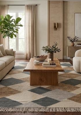 Saffron Rugs Flat Woven Beige Grey Brown Geometric Contemporary Rectangular Wool Area Rug