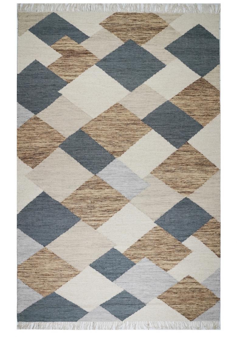 Saffron Rugs Flat Woven Beige Grey Brown Geometric Contemporary Rectangular Wool Area Rug - Indya