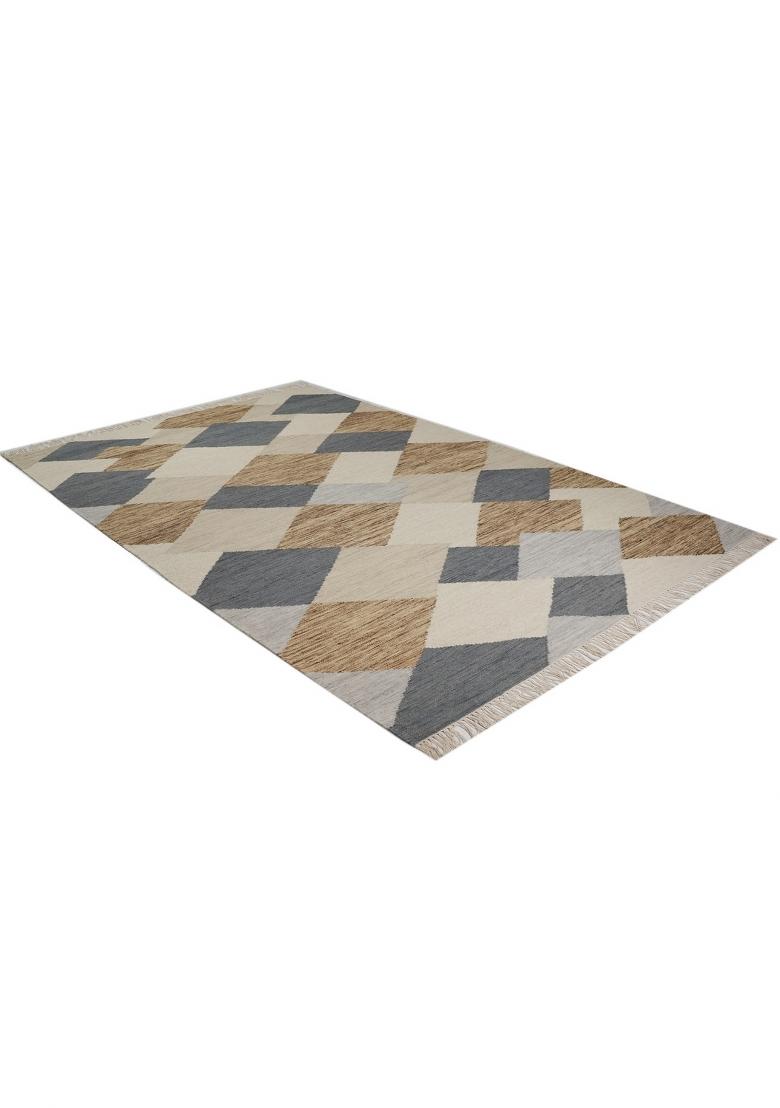 Saffron Rugs Flat Woven Beige Grey Brown Geometric Contemporary Rectangular Wool Area Rug - Indya