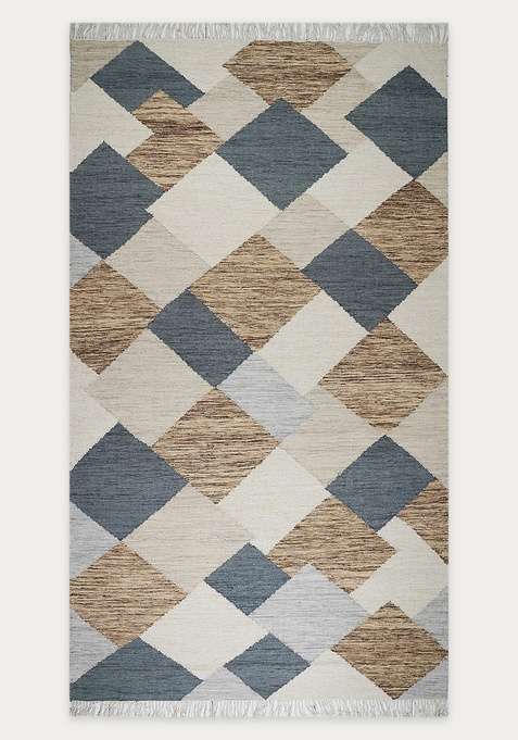 100% Wool Handmade Beige Grey Brown Rug | Contemporary Geometric Flat Weave Reversible Carpet For Living Room