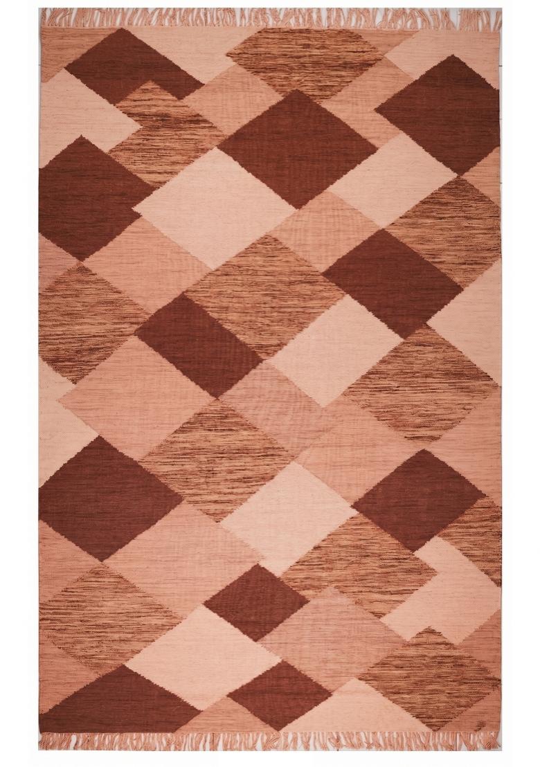 Saffron Rugs Flat Woven Terracotta Brown Geometric Contemporary Rectangular Wool Area Rug - Indya