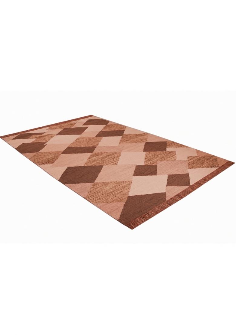 Saffron Rugs Flat Woven Terracotta Brown Geometric Contemporary Rectangular Wool Area Rug - Indya