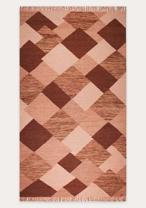 100% Wool Handmade Terracotta Brown Rug | Contemporary Geometric Flat Weave Reversible Carpet For Living Room