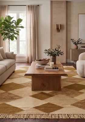 Saffron Rugs Flat Woven Golden Tan Geometric Contemporary Rectangular Wool Area Rug
