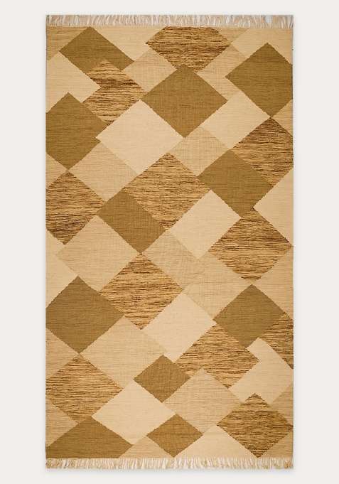 100% Wool Handmade Golden Tan Rug | Contemporary Geometric Flat Weave Reversible Carpet For Living Room