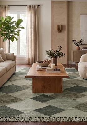Saffron Rugs Flat Woven Sage Green Grey Geometric Contemporary Rectangular Wool Area Rug