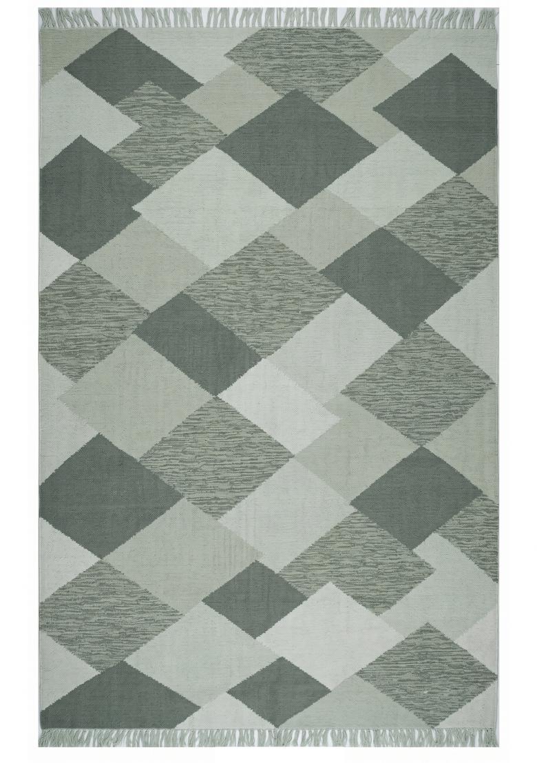 Saffron Rugs Flat Woven Sage Green Grey Geometric Contemporary Rectangular Wool Area Rug - Indya