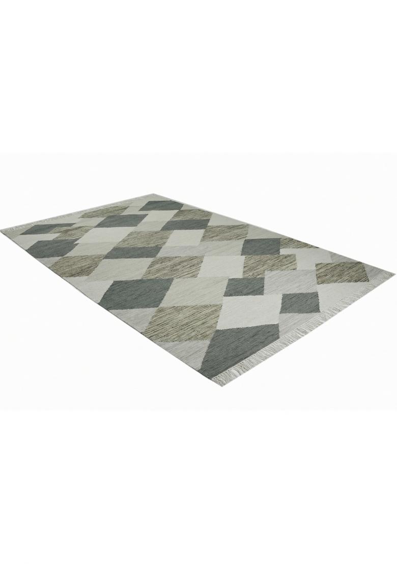 Saffron Rugs Flat Woven Sage Green Grey Geometric Contemporary Rectangular Wool Area Rug - Indya