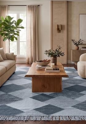 Saffron Rugs Flat Woven Blue Grey Geometric Contemporary Rectangular Wool Area Rug